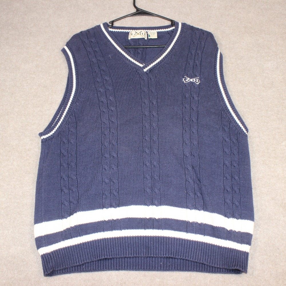 IZOD Mens Navy Blue Cable Knit V-Neck Sweater Vest White Stripes Golf Large